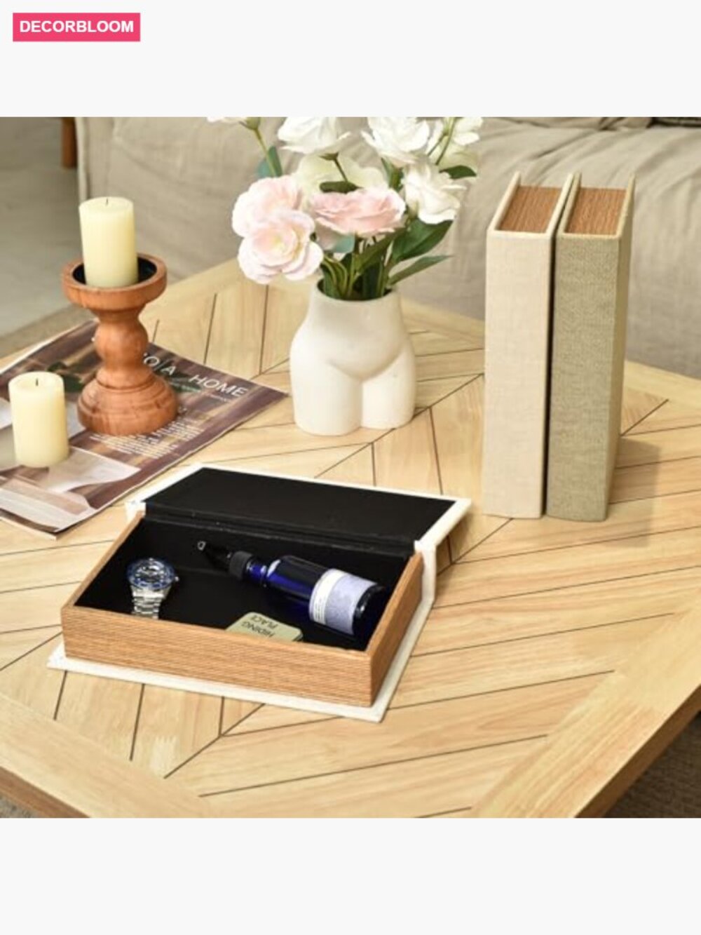 Set of 3 Decorative Faux Book Boxes with Linen and Wood - Picture 2 of 7